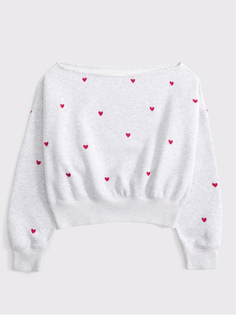 Abercrombie & Fitch Off-The-Shoulder Top Sunday Gray Sweatshirt with Red Hearts